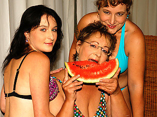 Three old and young lesbians getting wet
